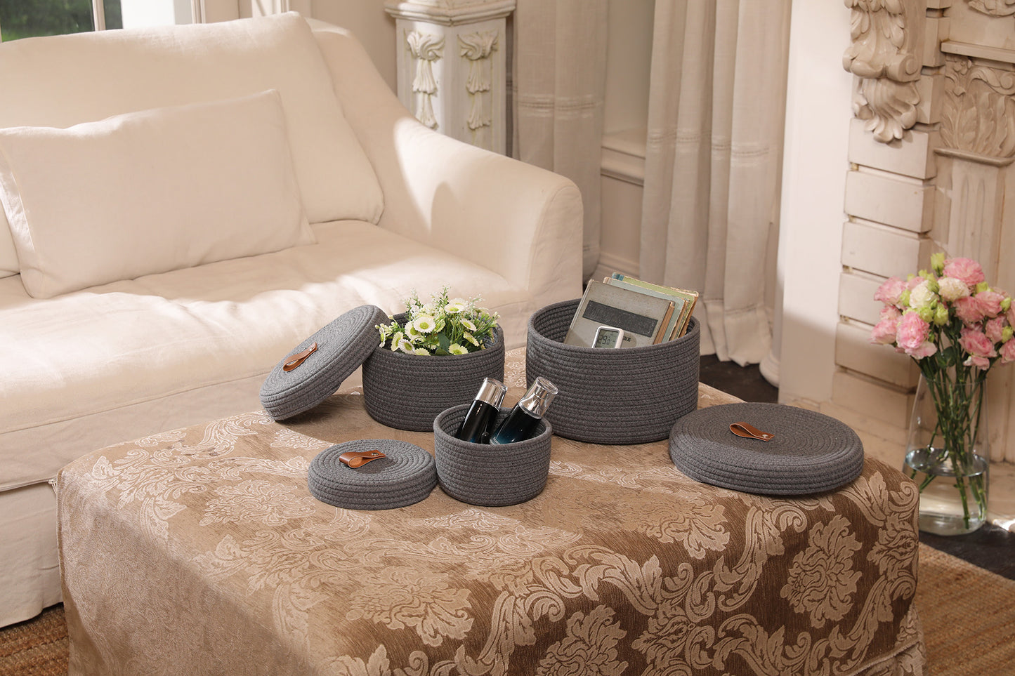 Set of 3 Round Cotton Rope Baskets with Lids - for Home Decor and Organisation, Dark Grey
