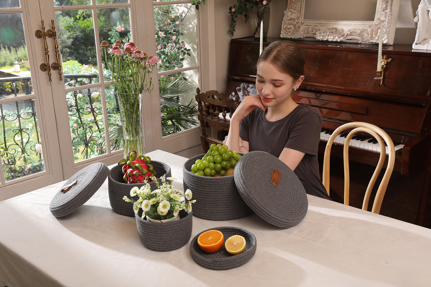 Set of 3 Round Cotton Rope Baskets with Lids - for Home Decor and Organisation, Dark Grey