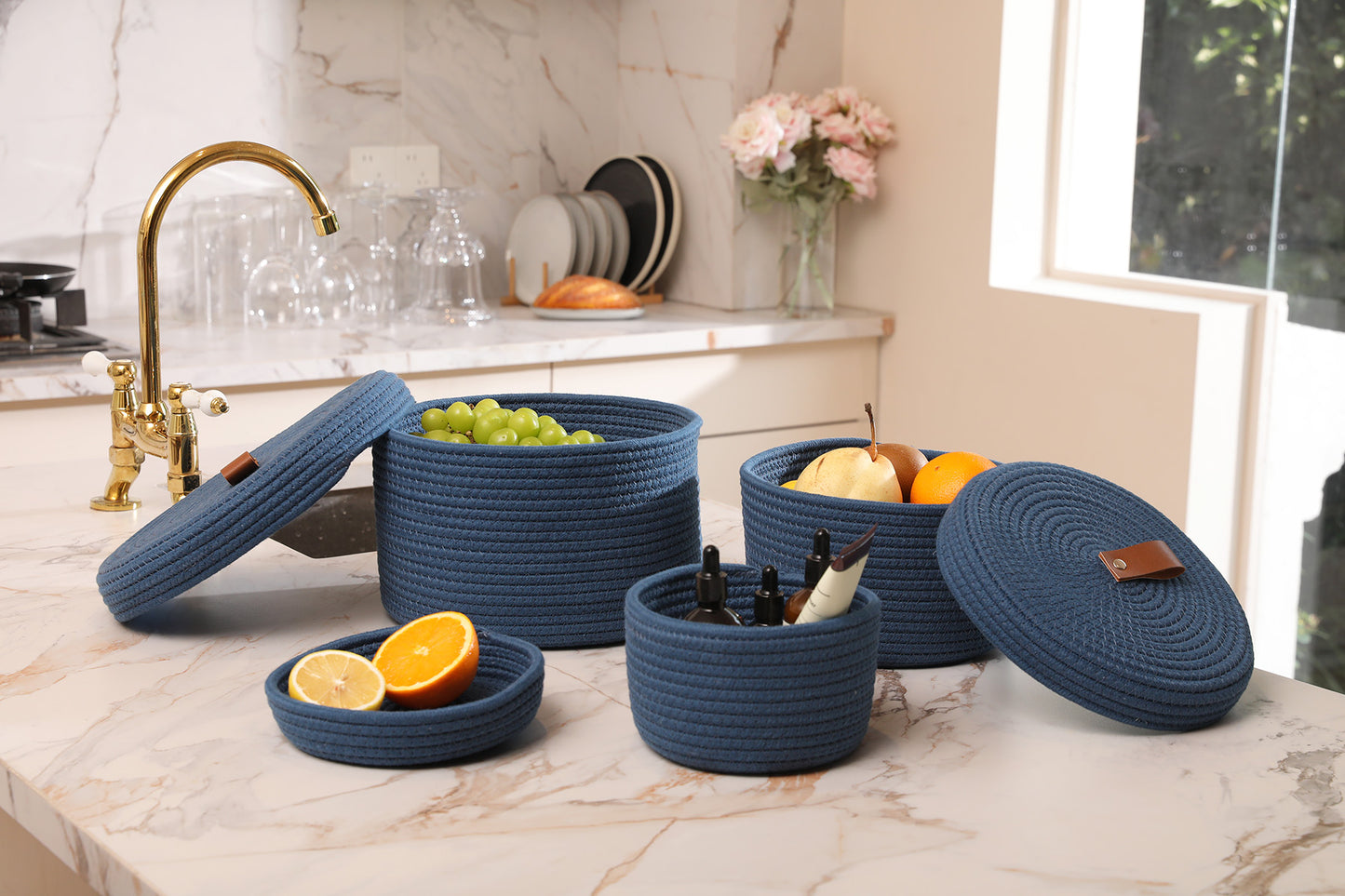 Set of 3 Round Cotton Rope Baskets with Lids - for Home Decor and Organisation, Dark Blue