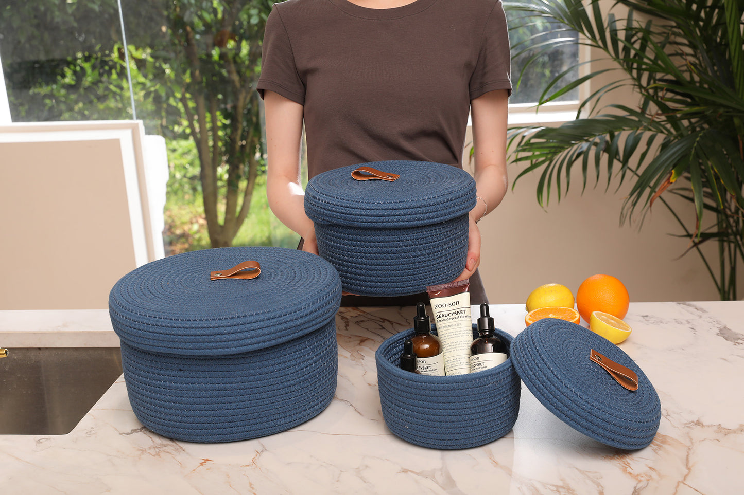 Set of 3 Round Cotton Rope Baskets with Lids - for Home Decor and Organisation, Dark Blue