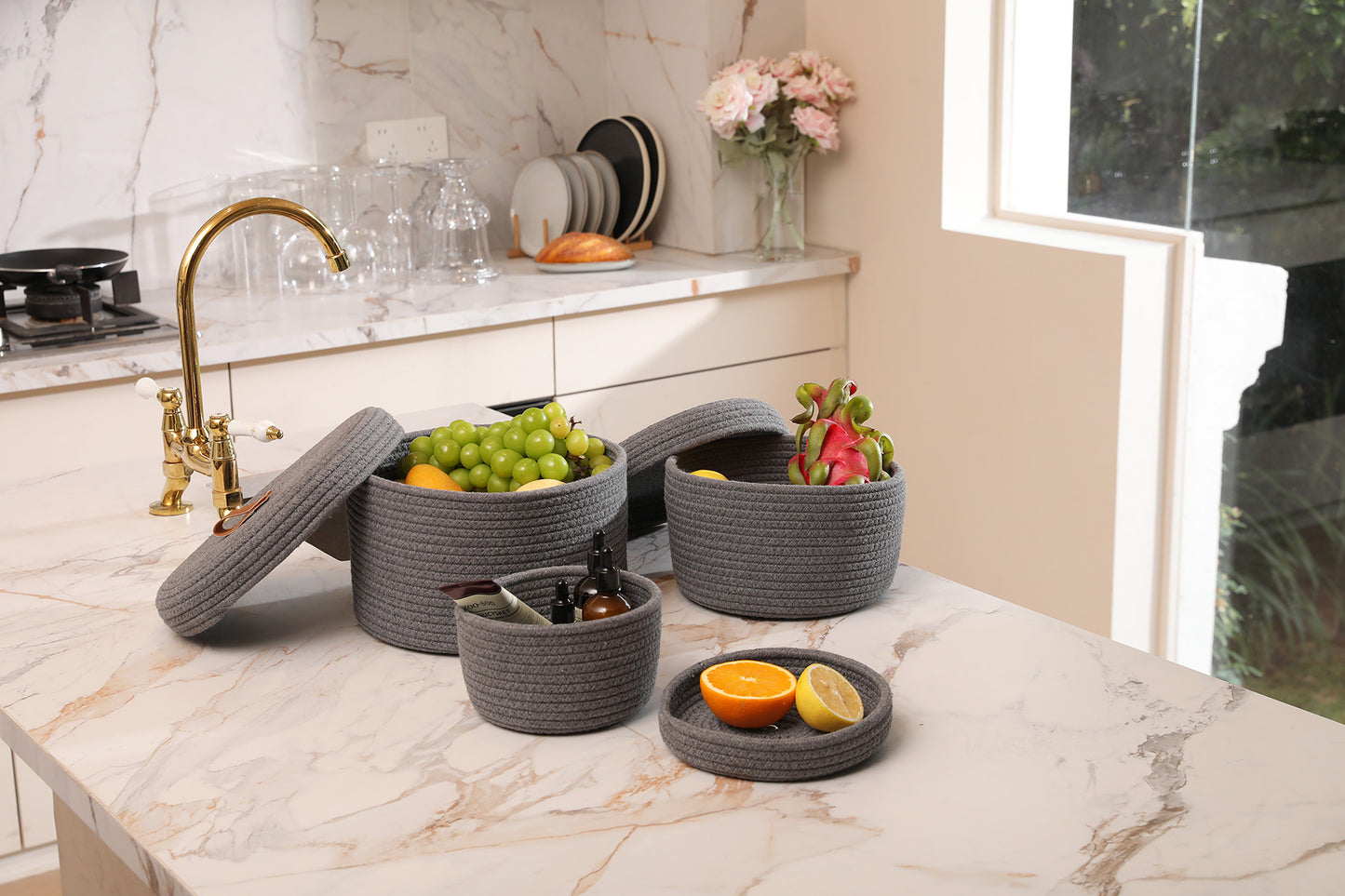 Set of 3 Round Cotton Rope Baskets with Lids - for Home Decor and Organisation, Dark Grey