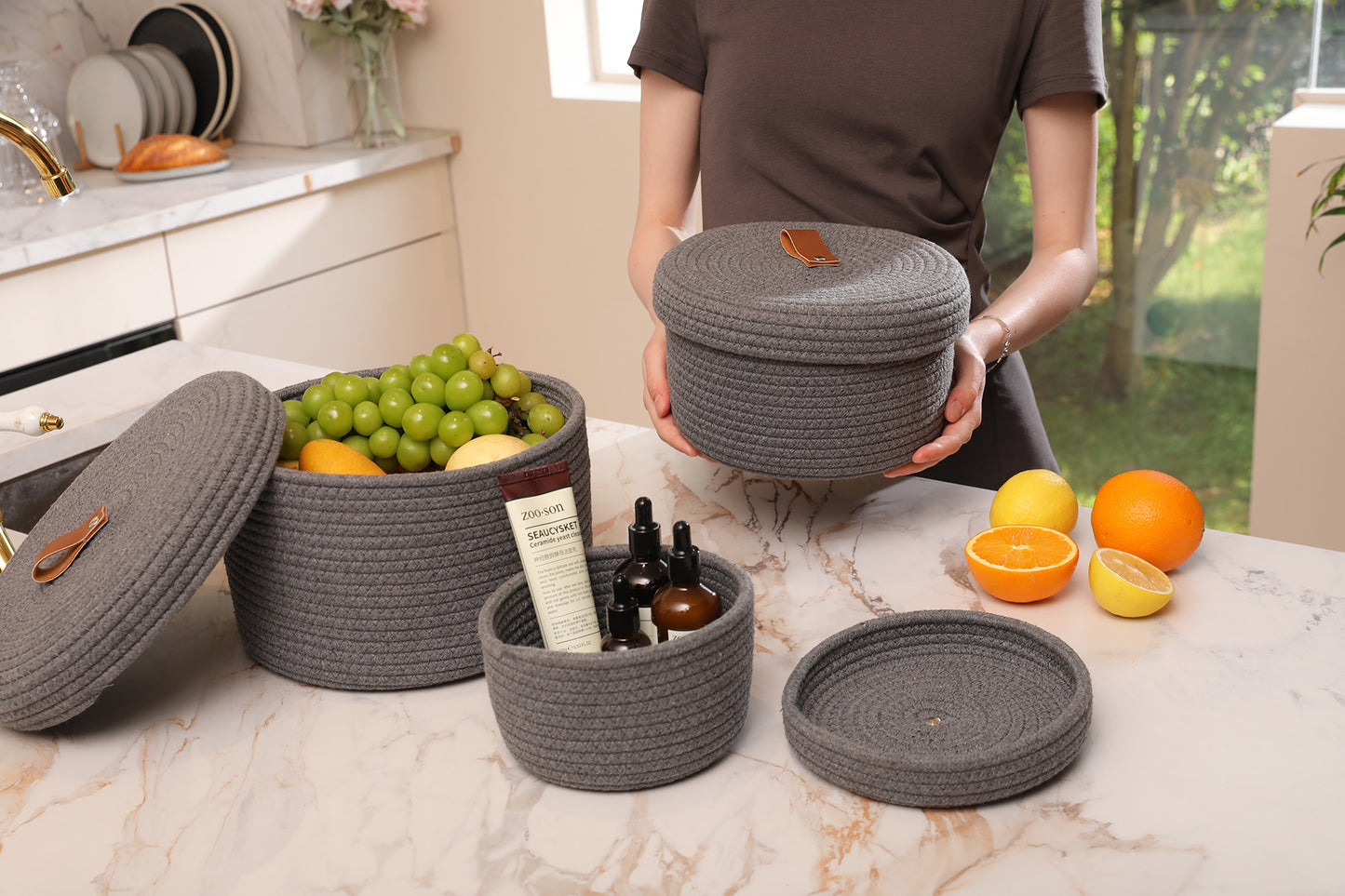 Set of 3 Round Cotton Rope Baskets with Lids - for Home Decor and Organisation, Dark Grey