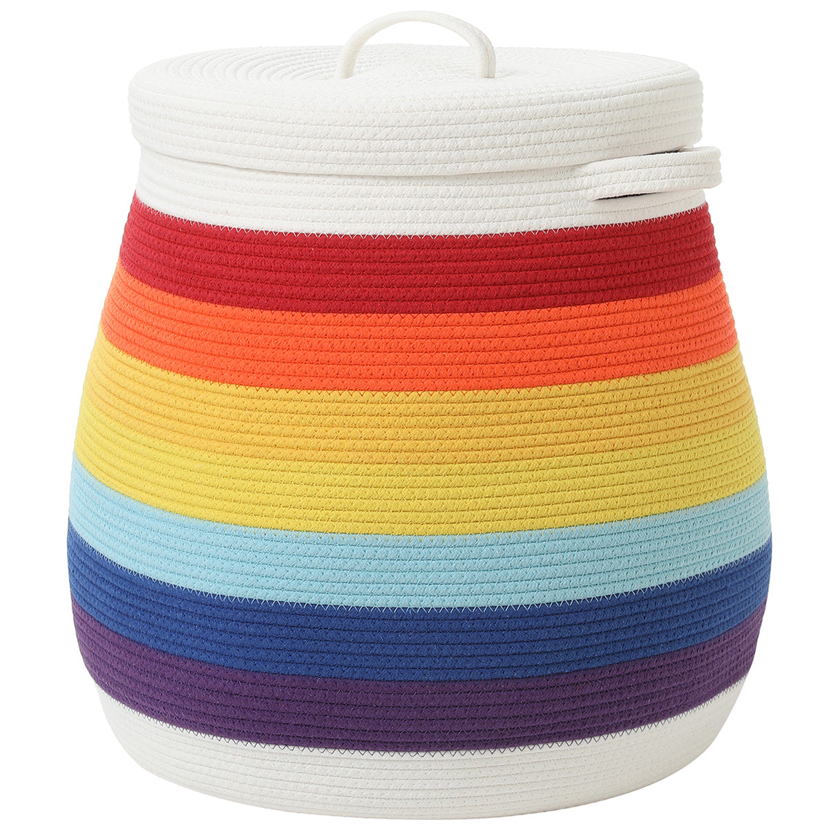 20" x 20" Extra Large Cotton Rope Storage Basket with Lid – Flagon Design – Perfect for Clothes, Blankets, and Living Room Organization - Rainbow/White