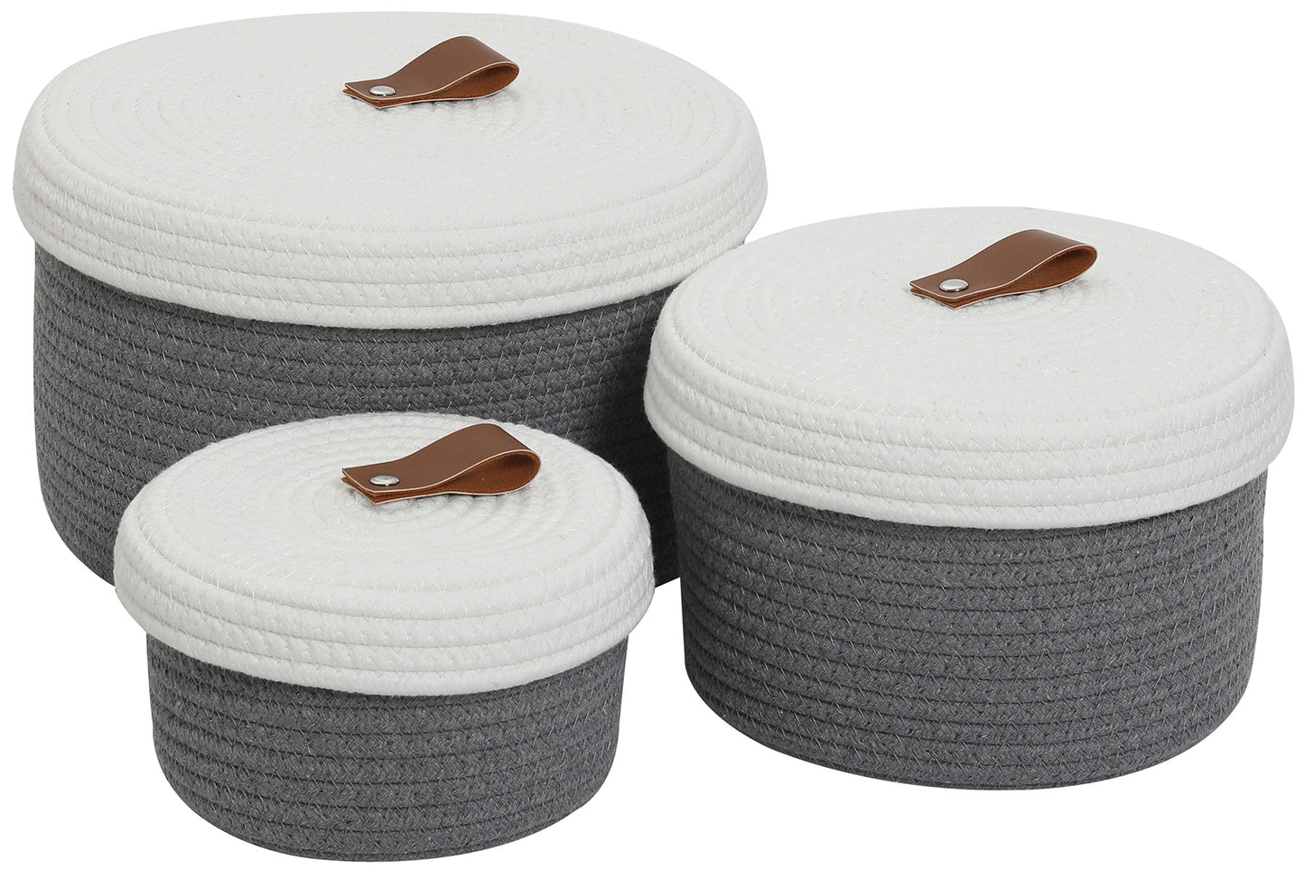 Set of 3 Round Cotton Rope Baskets with Lids - for Home Decor and Organisation, Grey/White Lid