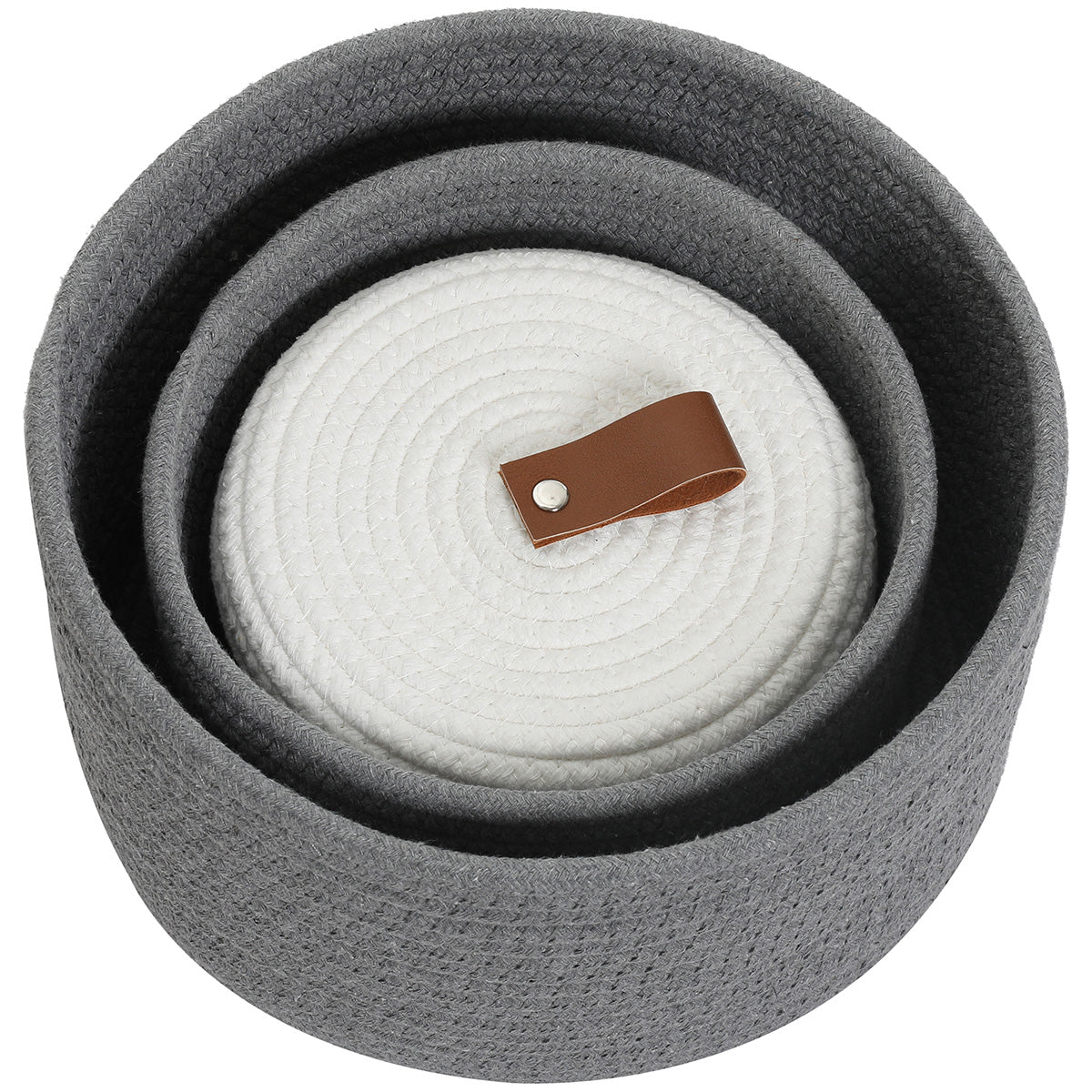 Set of 3 Round Cotton Rope Baskets with Lids - for Home Decor and Organisation, Grey/White Lid