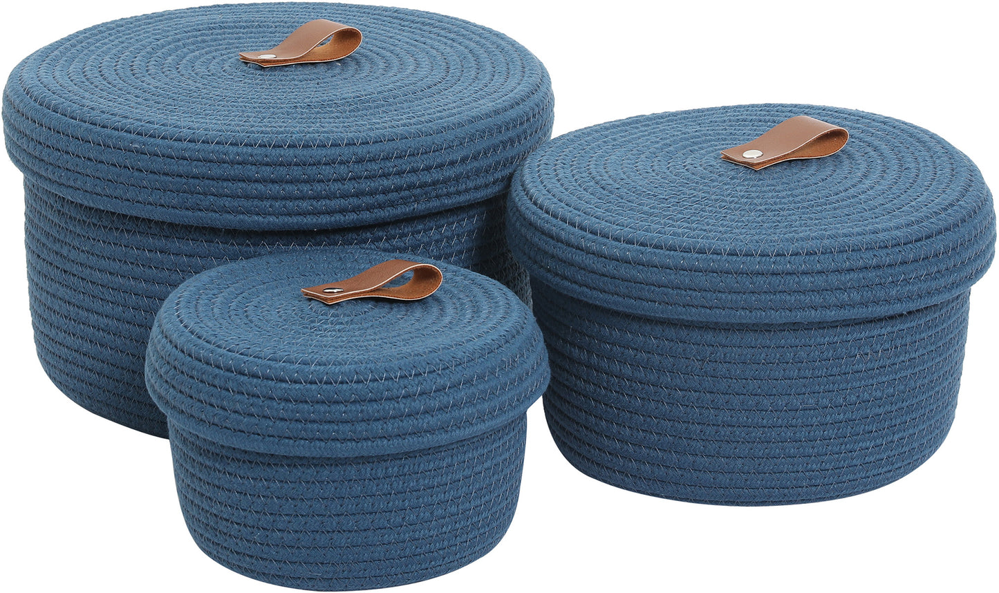 Set of 3 Round Cotton Rope Baskets with Lids - for Home Decor and Organisation, Dark Blue