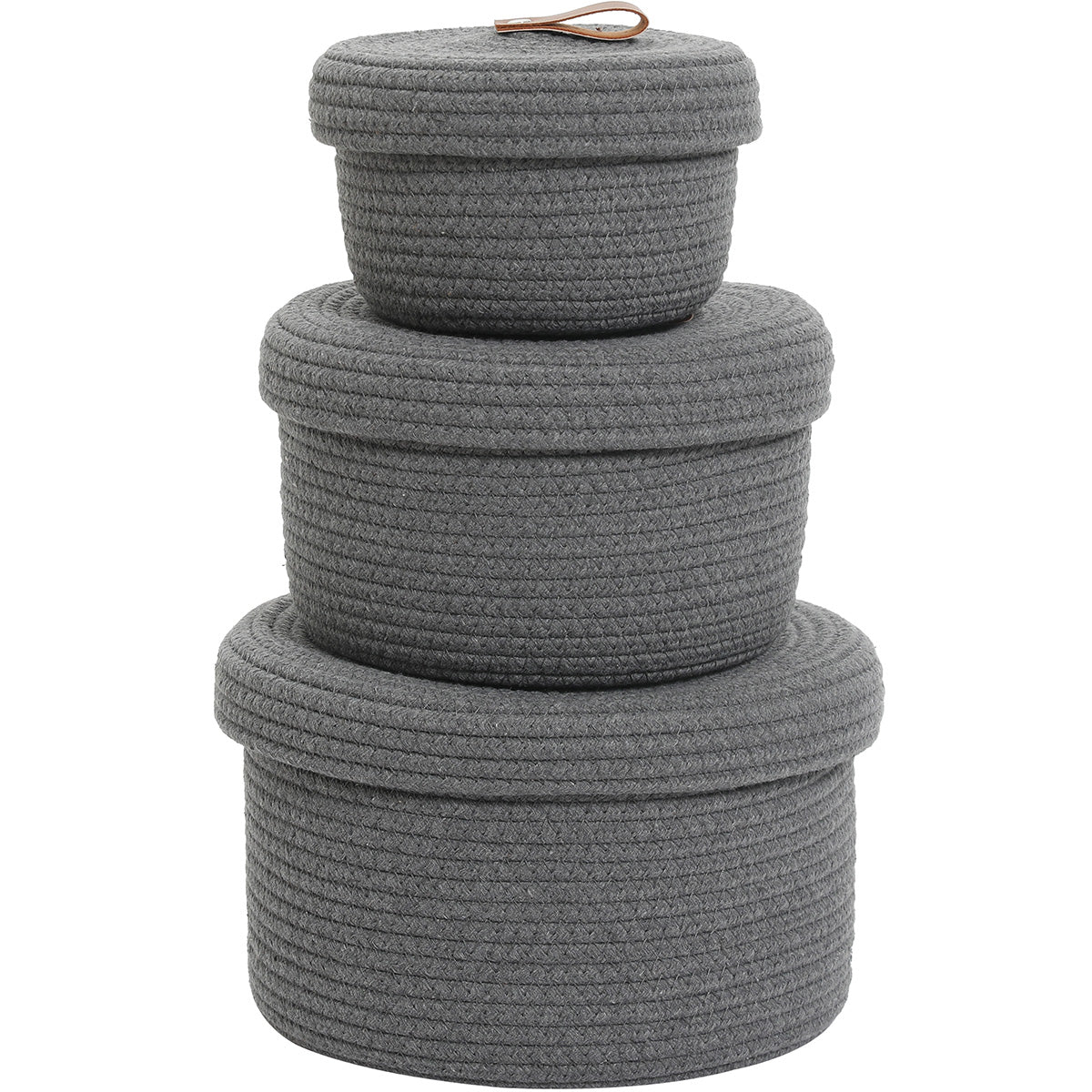 Set of 3 Round Cotton Rope Baskets with Lids - for Home Decor and Organisation, Dark Grey