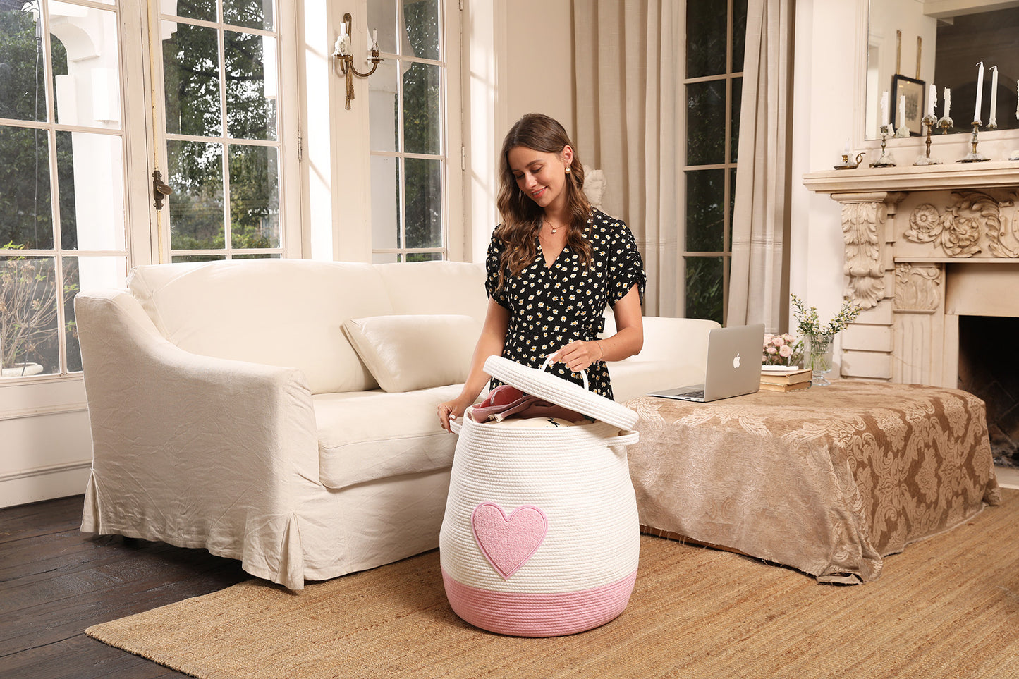 20" x 20" Extra Large Cotton Rope Storage Basket with Lid – Flagon Design – Perfect for Clothes, Blankets, and Living Room Organization - Pink Heart