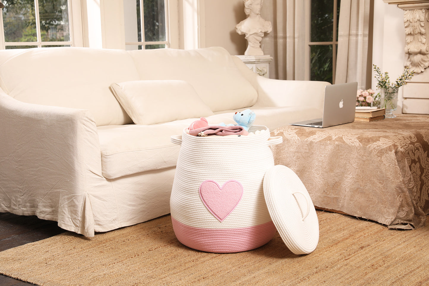 20" x 20" Extra Large Cotton Rope Storage Basket with Lid – Flagon Design – Perfect for Clothes, Blankets, and Living Room Organization - Pink Heart