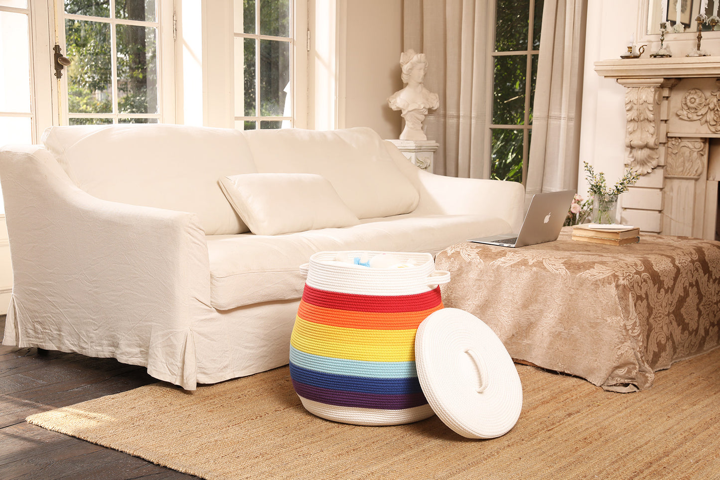 20" x 20" Extra Large Cotton Rope Storage Basket with Lid – Flagon Design – Perfect for Clothes, Blankets, and Living Room Organization - Rainbow/White