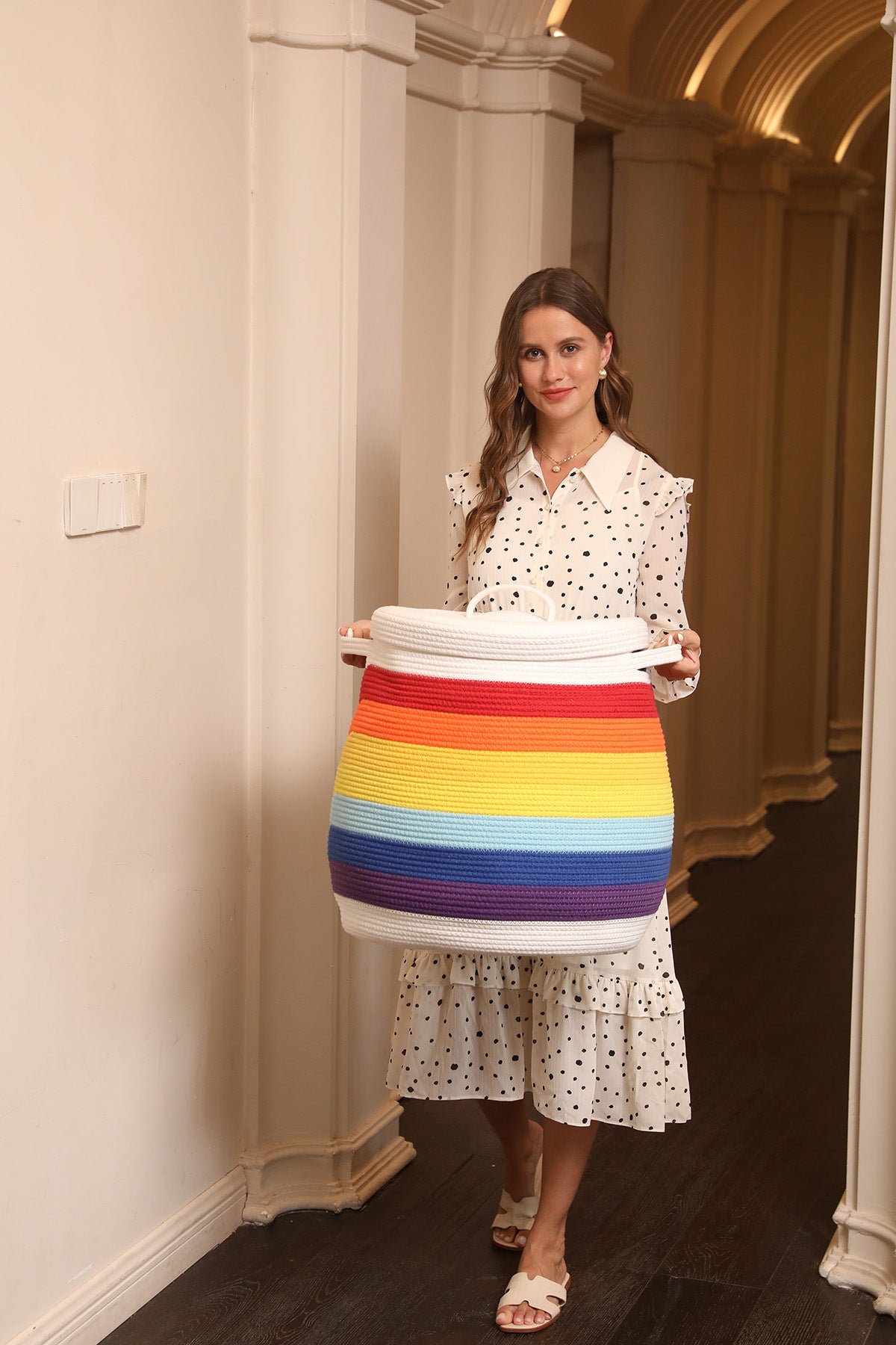 20" x 20" Extra Large Cotton Rope Storage Basket with Lid – Flagon Design – Perfect for Clothes, Blankets, and Living Room Organization - Rainbow/White