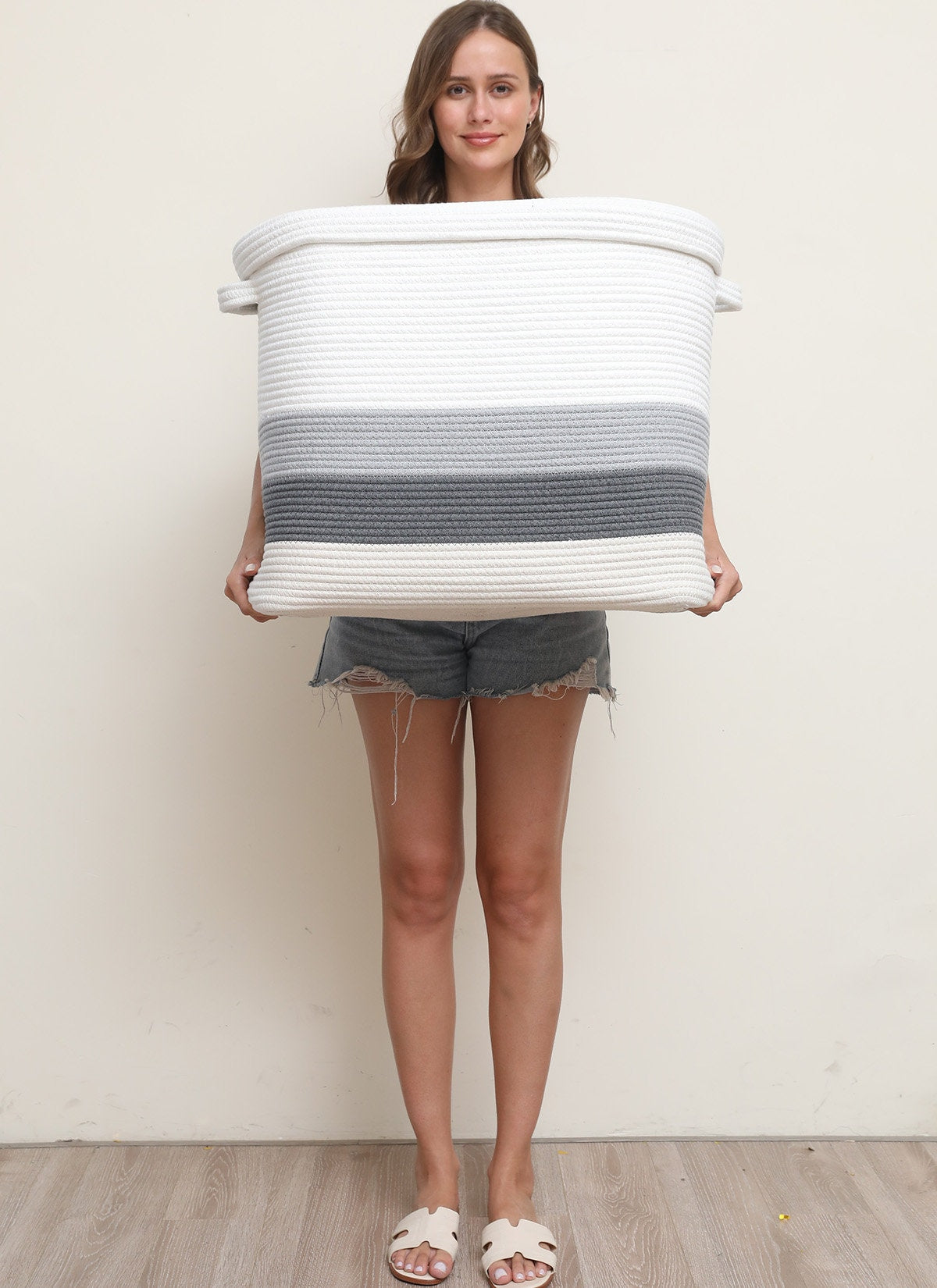 22”x14”x18” Rectangular Large Cotton Rope Storage Basket with Lid, Double Graded Grey