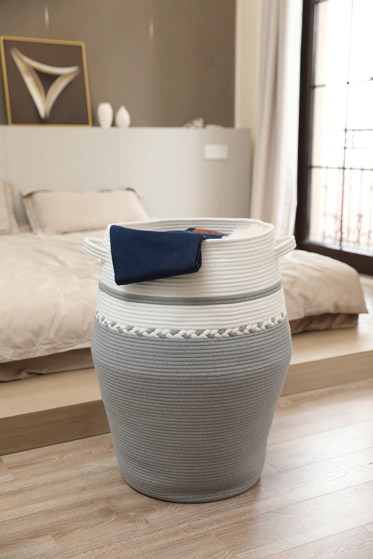 26" x 20" Large Tall Flagon Cotton Rope Storage Basket with Lid, White/Grey