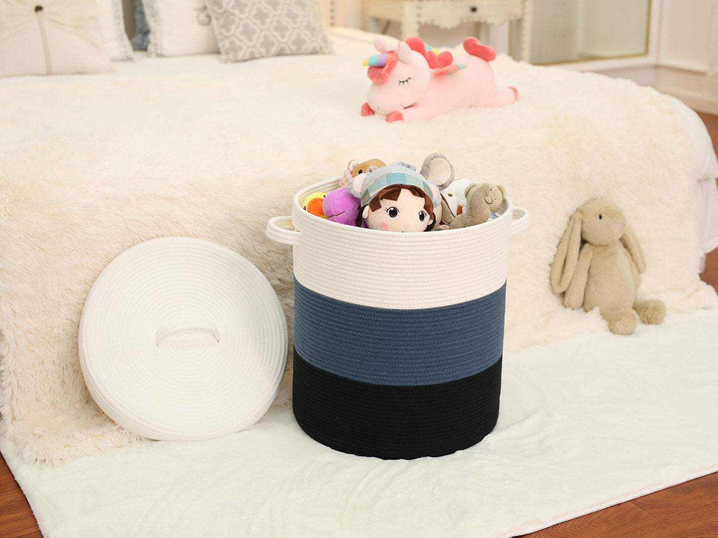 16" x 16" x 18" Large Cotton Rope Storage Basket with Lid, Dark Blue/Deep Blue