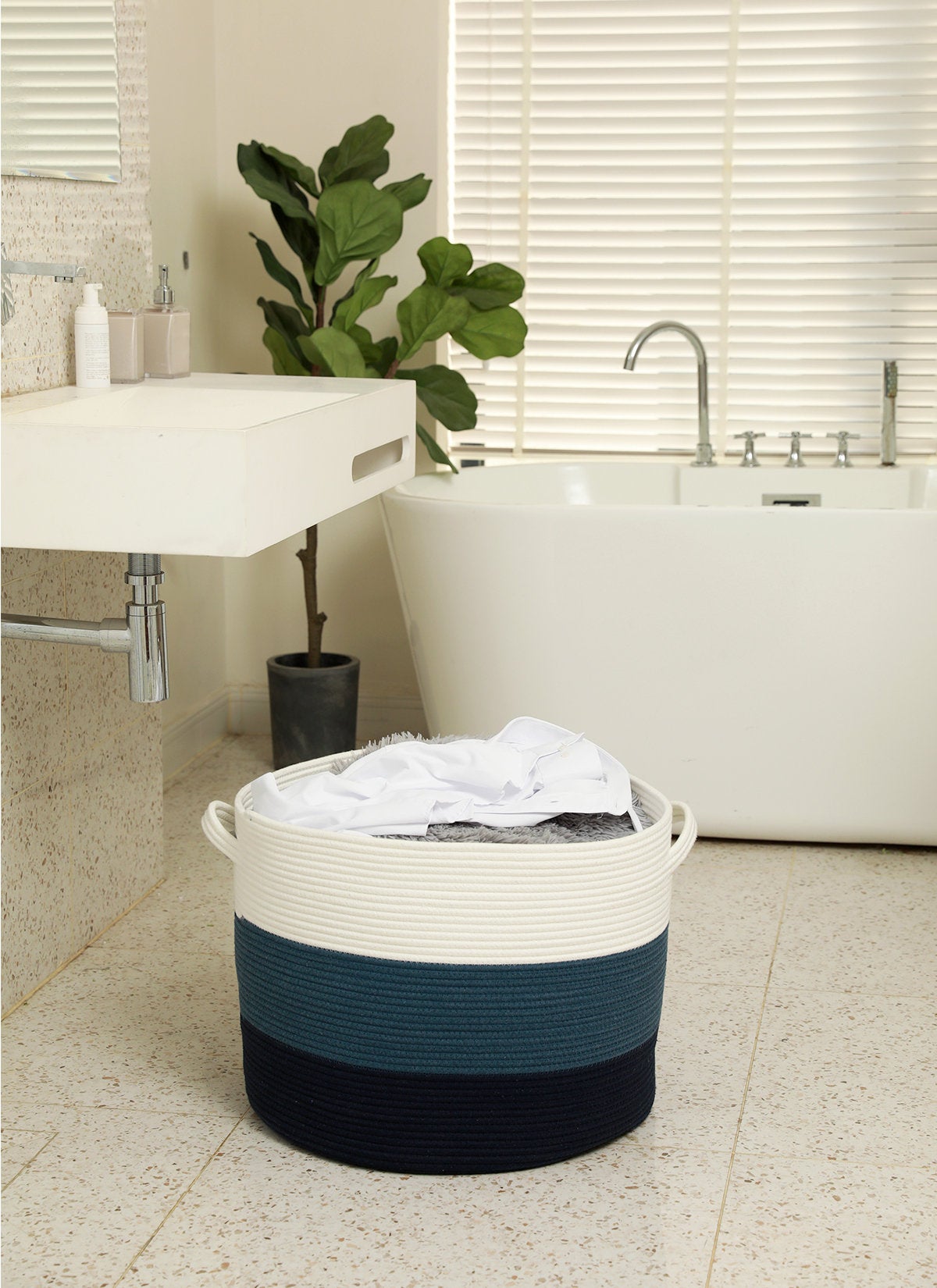 20" x 20" x 15" Large Cotton Rope Storage Basket with Lid, Dark Blue/Dark Blue