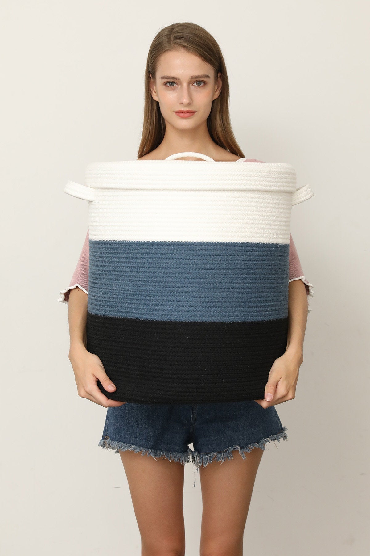 16" x 16" x 18" Large Cotton Rope Storage Basket with Lid, Dark Blue/Deep Blue