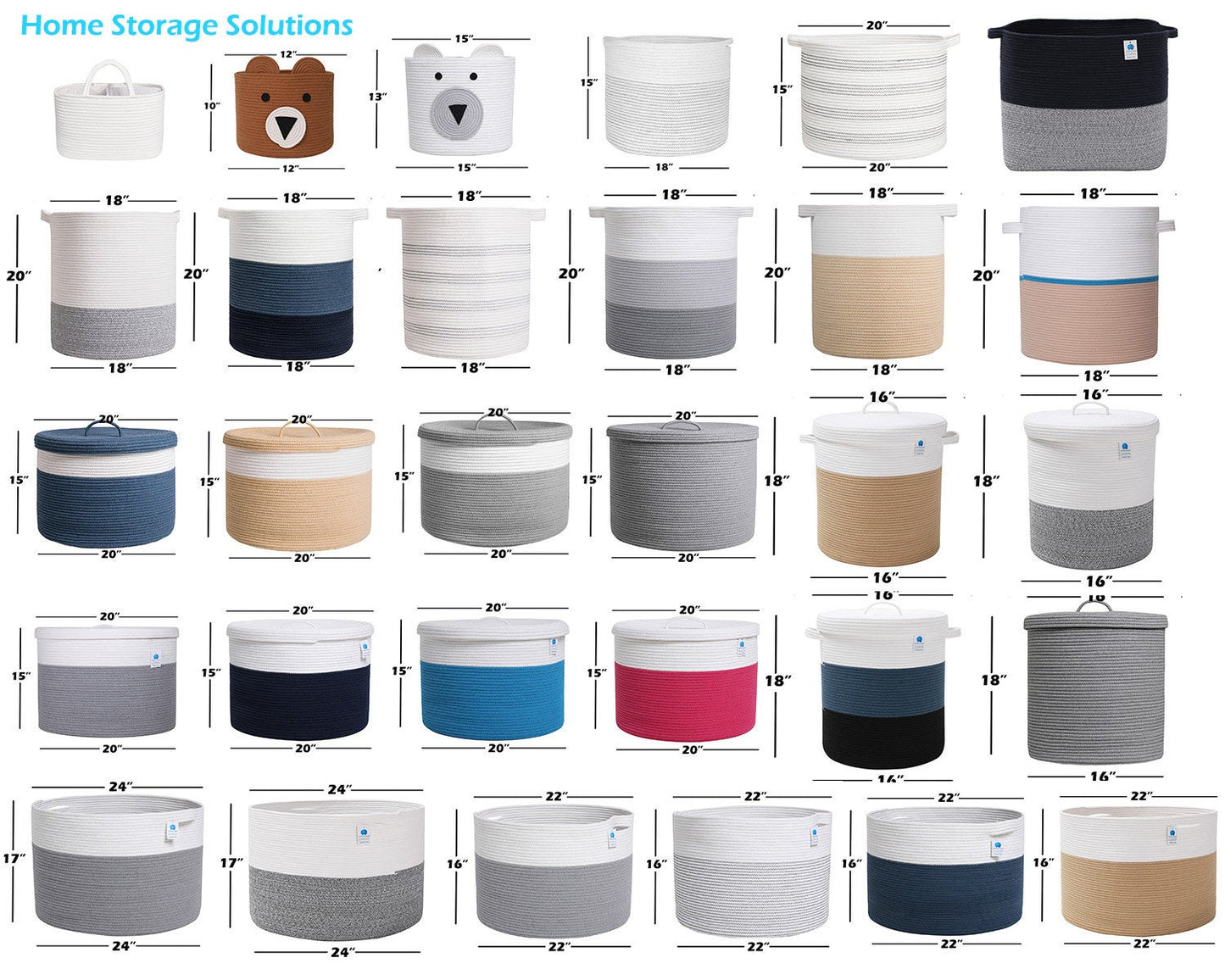 16" x 16" x 18" Large Cotton Rope Storage Basket with Lid, Dark Blue/Deep Blue