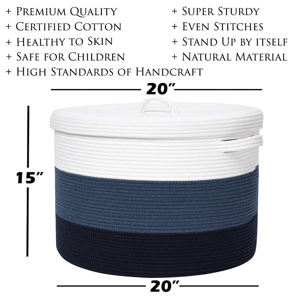 20" x 20" x 15" Large Cotton Rope Storage Basket with Lid, Dark Blue/Dark Blue
