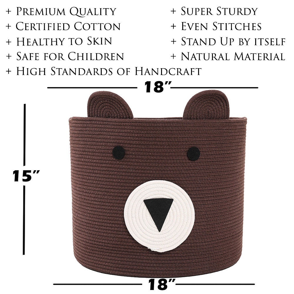 18" x 15" Bear Animal Cotton Rope Storage Basket, Dark Brown
