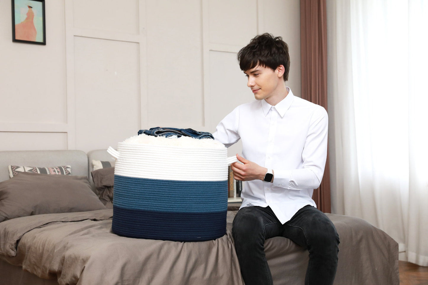 20" x 20" x 15" Large Cotton Rope Storage Basket with Lid, Dark Blue/Dark Blue