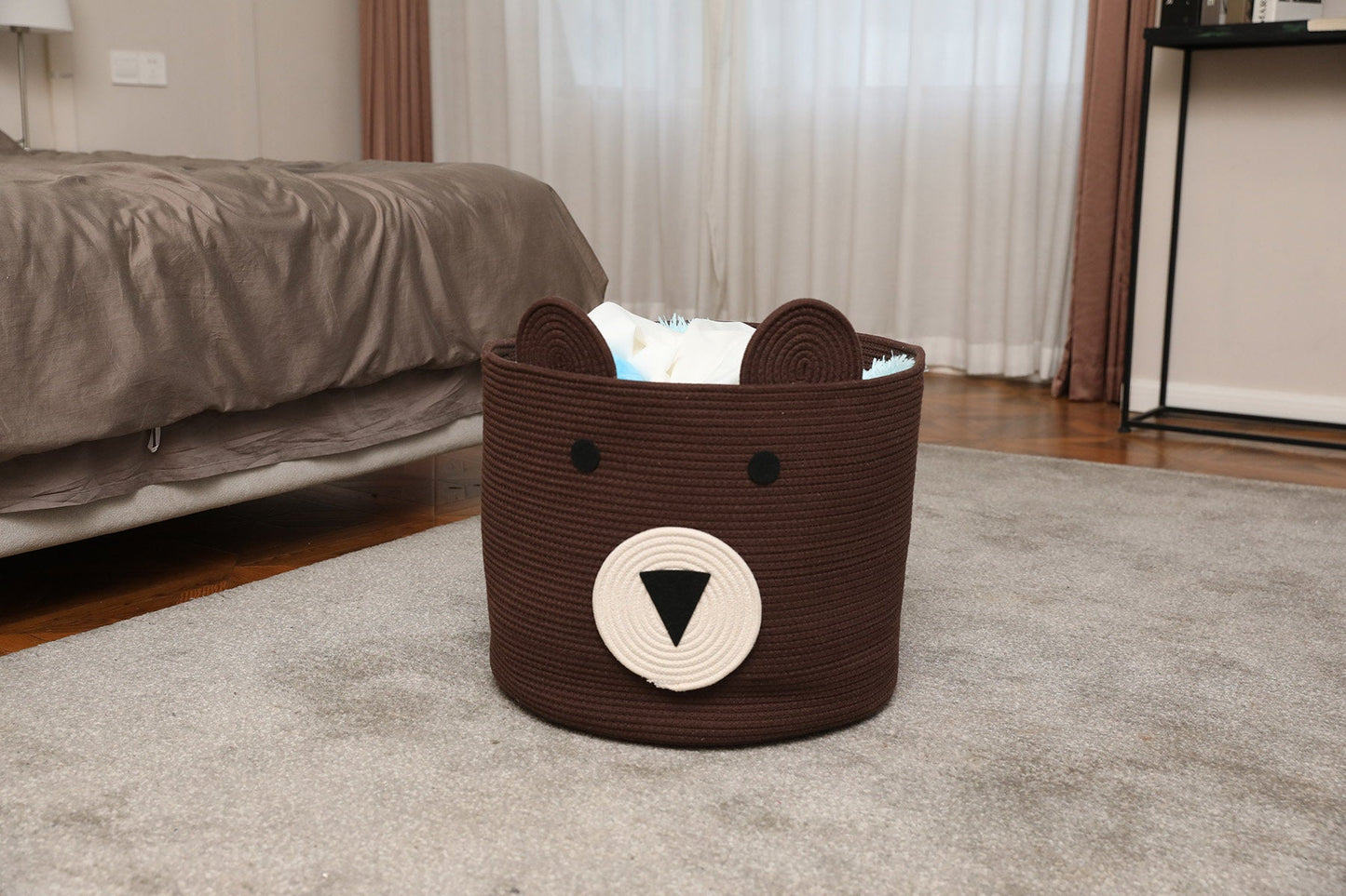 18" x 15" Bear Animal Cotton Rope Storage Basket, Dark Brown