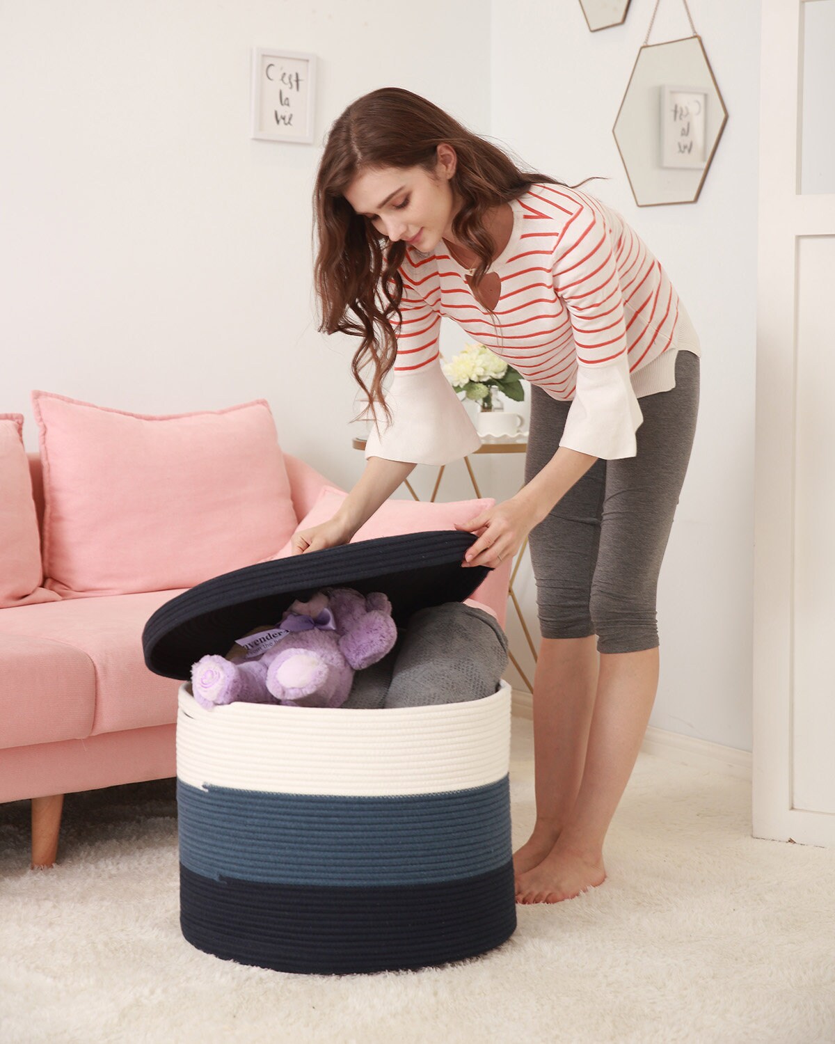 20" x 20" x 15" Large Cotton Rope Storage Basket with Lid, Dark Blue/Deep Blue