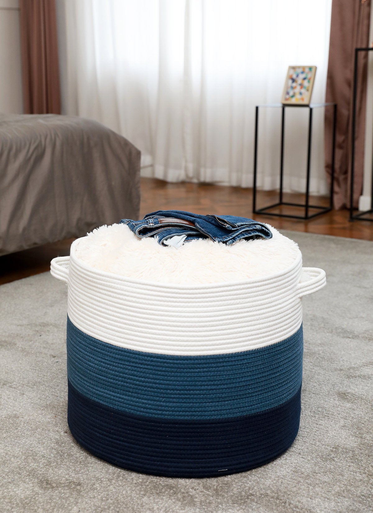 20" x 20" x 15" Large Cotton Rope Storage Basket with Lid, Dark Blue/Dark Blue