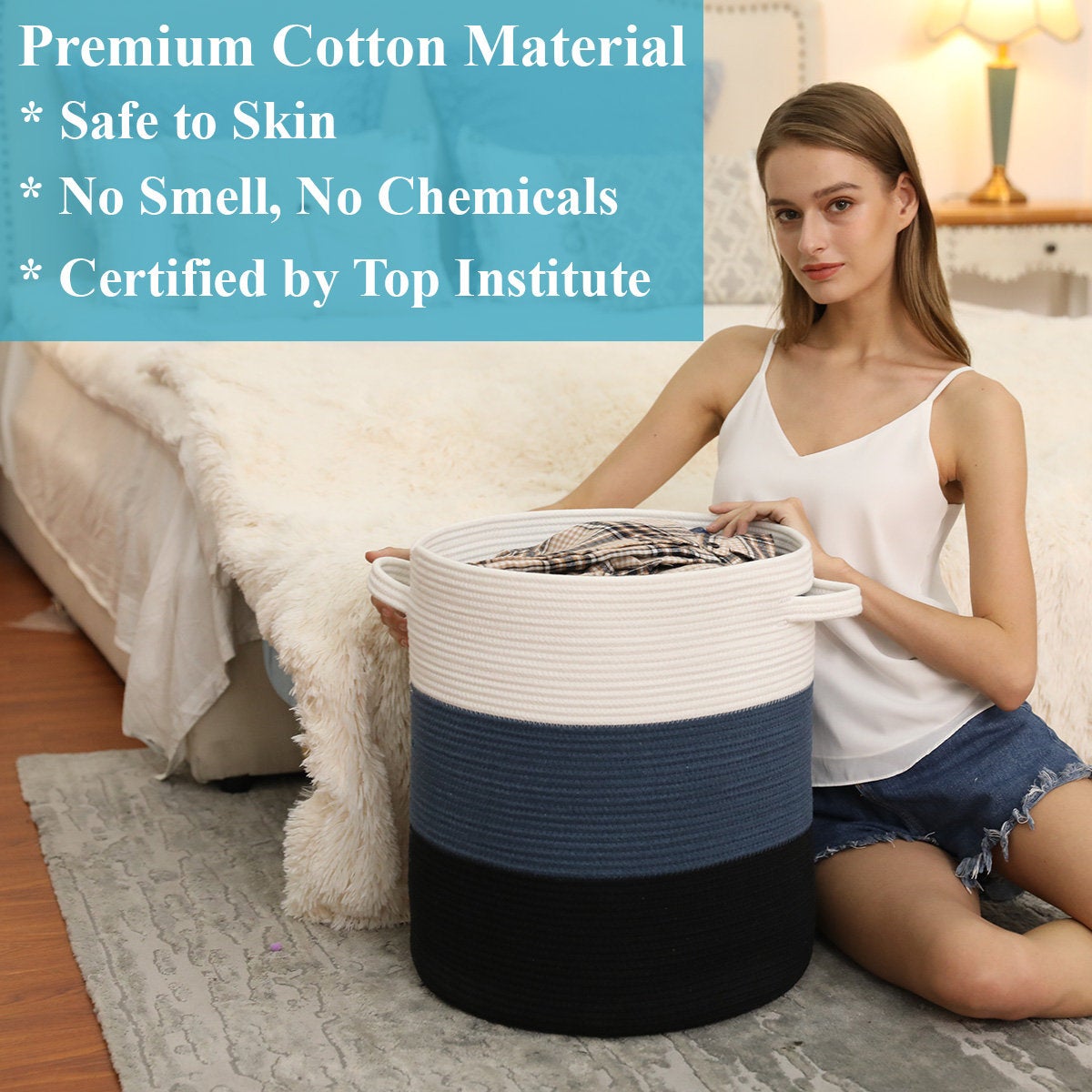 16" x 16" x 18" Large Cotton Rope Storage Basket with Lid, Dark Blue/Deep Blue