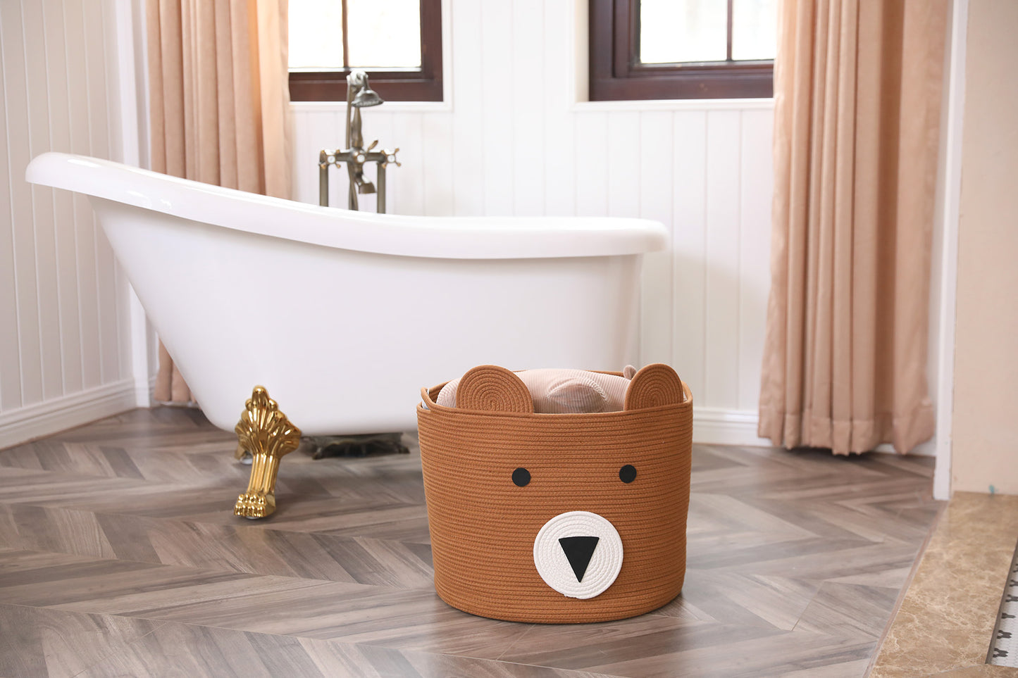18" x 15" Bear Animal Cotton Rope Storage Basket, Orange Brown