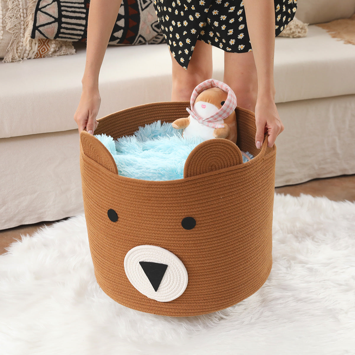 18" x 15" Bear Animal Cotton Rope Storage Basket, Orange Brown