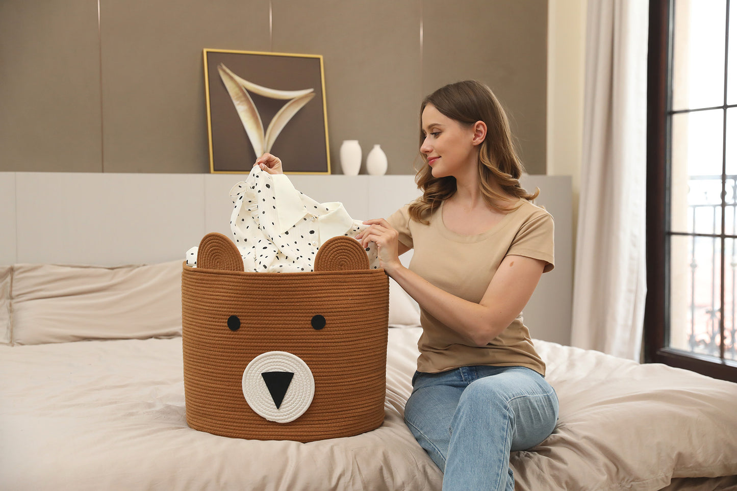 18" x 15" Bear Animal Cotton Rope Storage Basket, Orange Brown