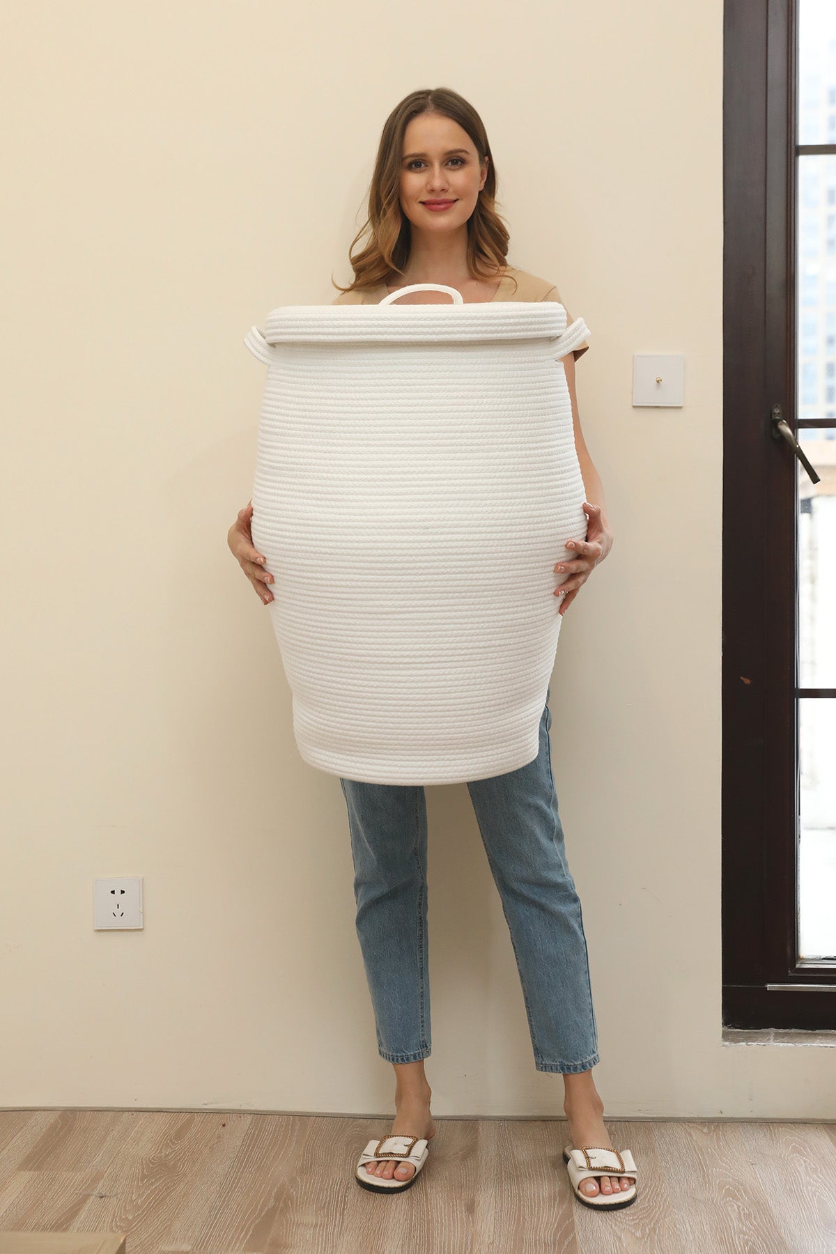 26" x 20" Large Tall Flagon Cotton Rope Storage Basket with Lid, All White
