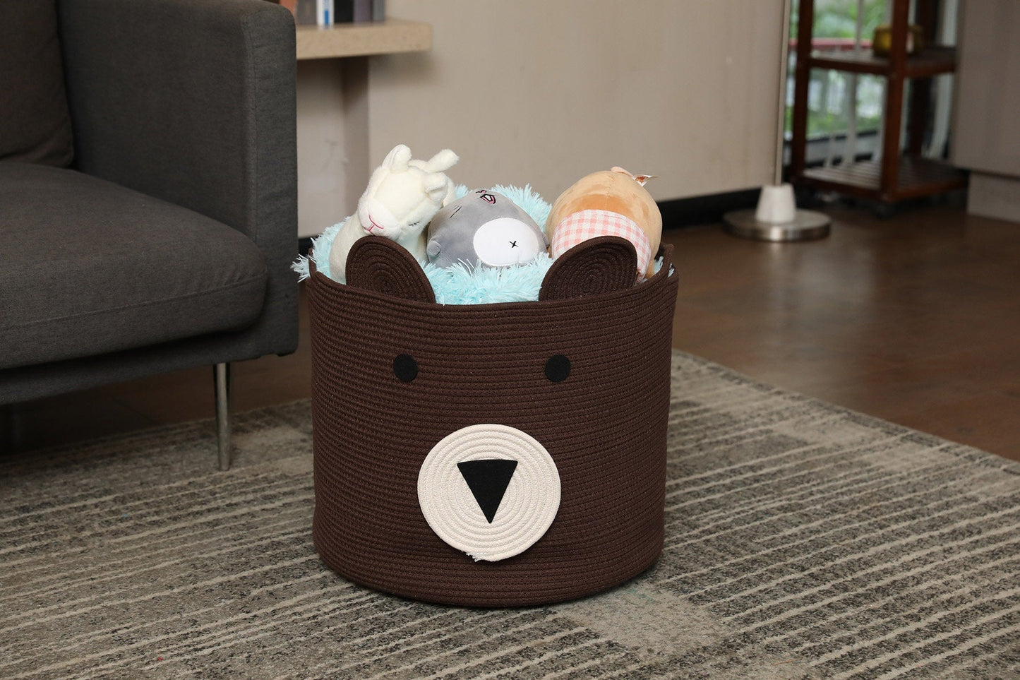 18" x 15" Bear Animal Cotton Rope Storage Basket, Dark Brown