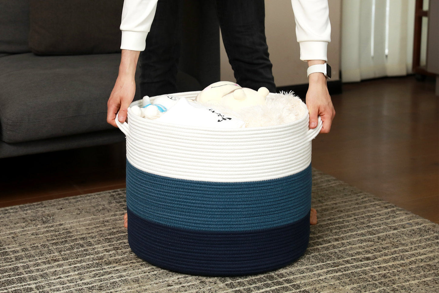 20" x 20" x 15" Large Cotton Rope Storage Basket with Lid, Dark Blue/Dark Blue