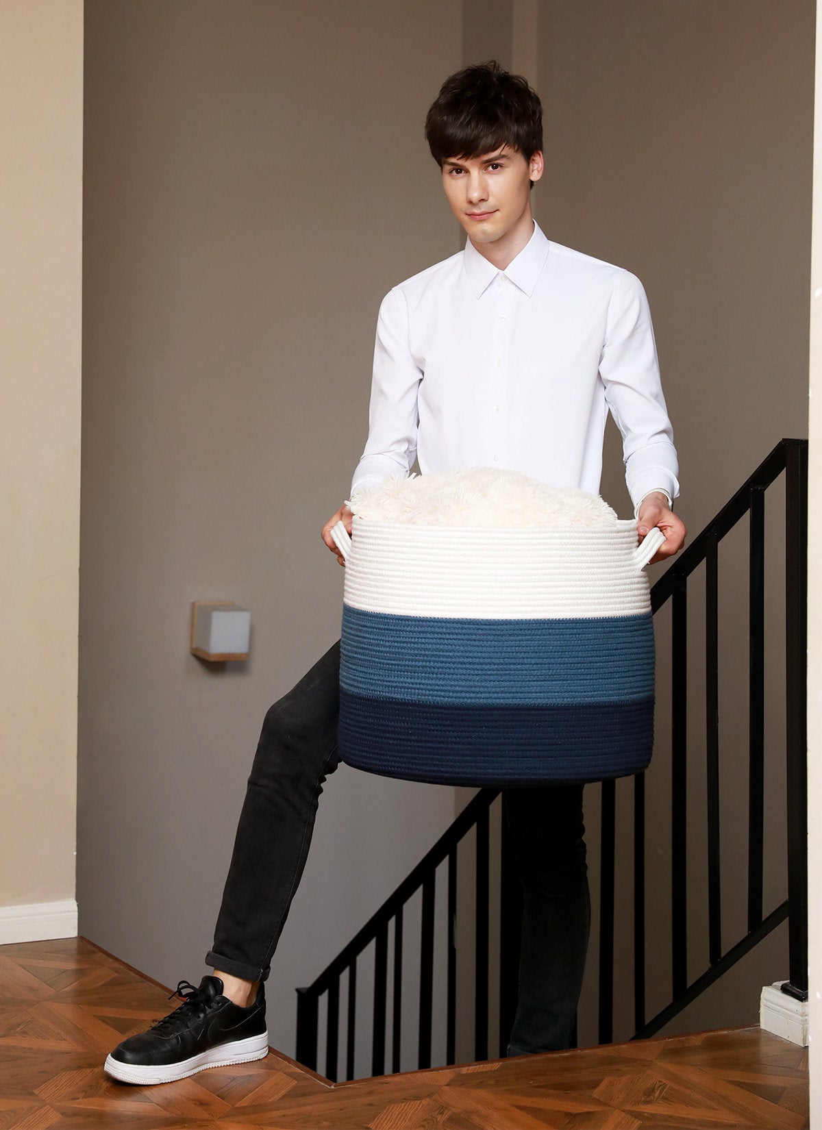 20" x 20" x 15" Large Cotton Rope Storage Basket with Lid, Dark Blue/Dark Blue