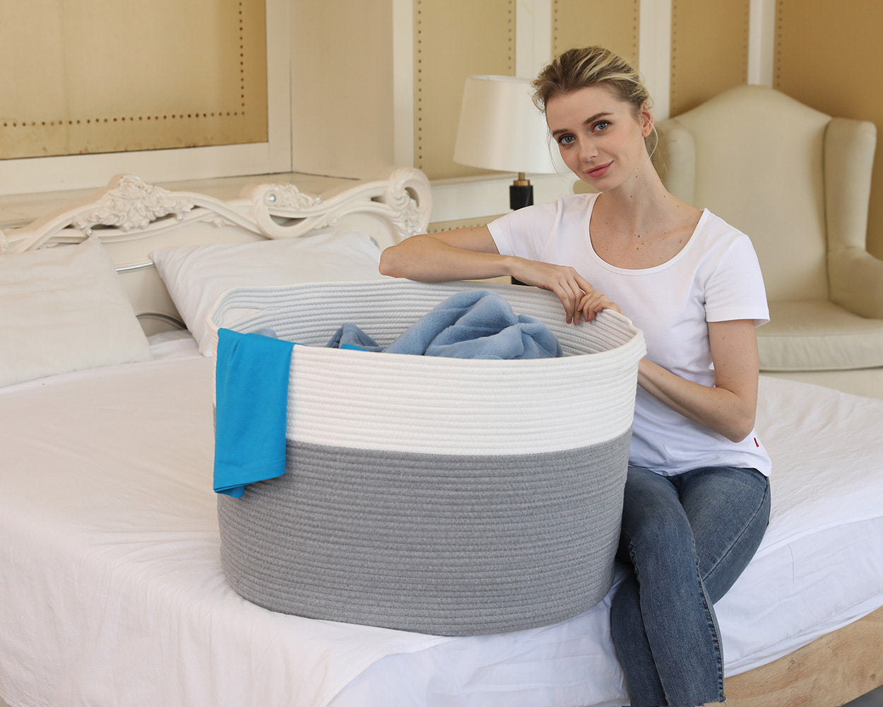 24" x 24" x 17" Mega Size Cotton Rope Storage Basket, Grey