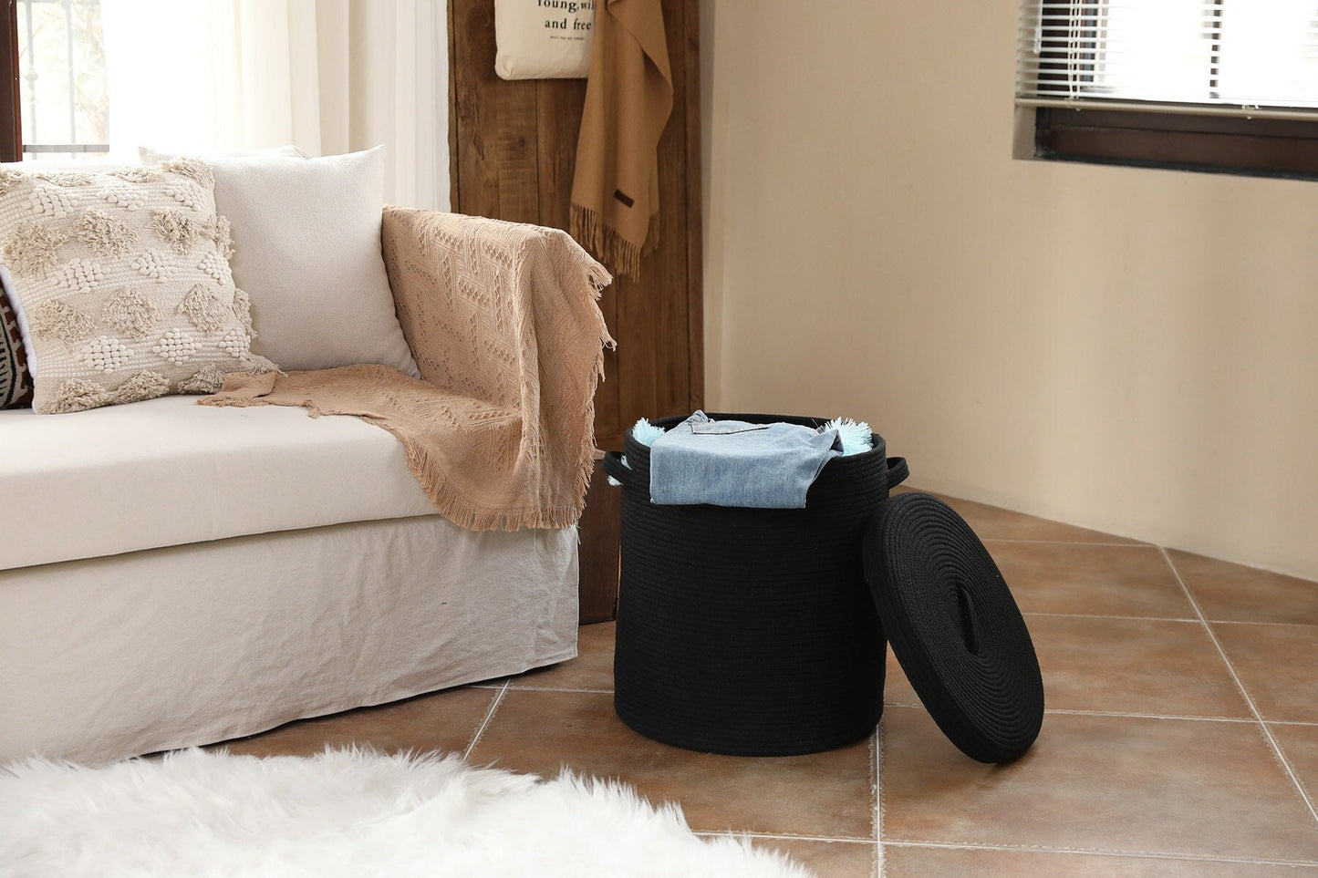 16" x 16" x 18" Extra Large Storage Basket with Lid, Cotton Rope Storage Baskets, Laundry Hamper, Toy Bin, Large Basket Black with Cover