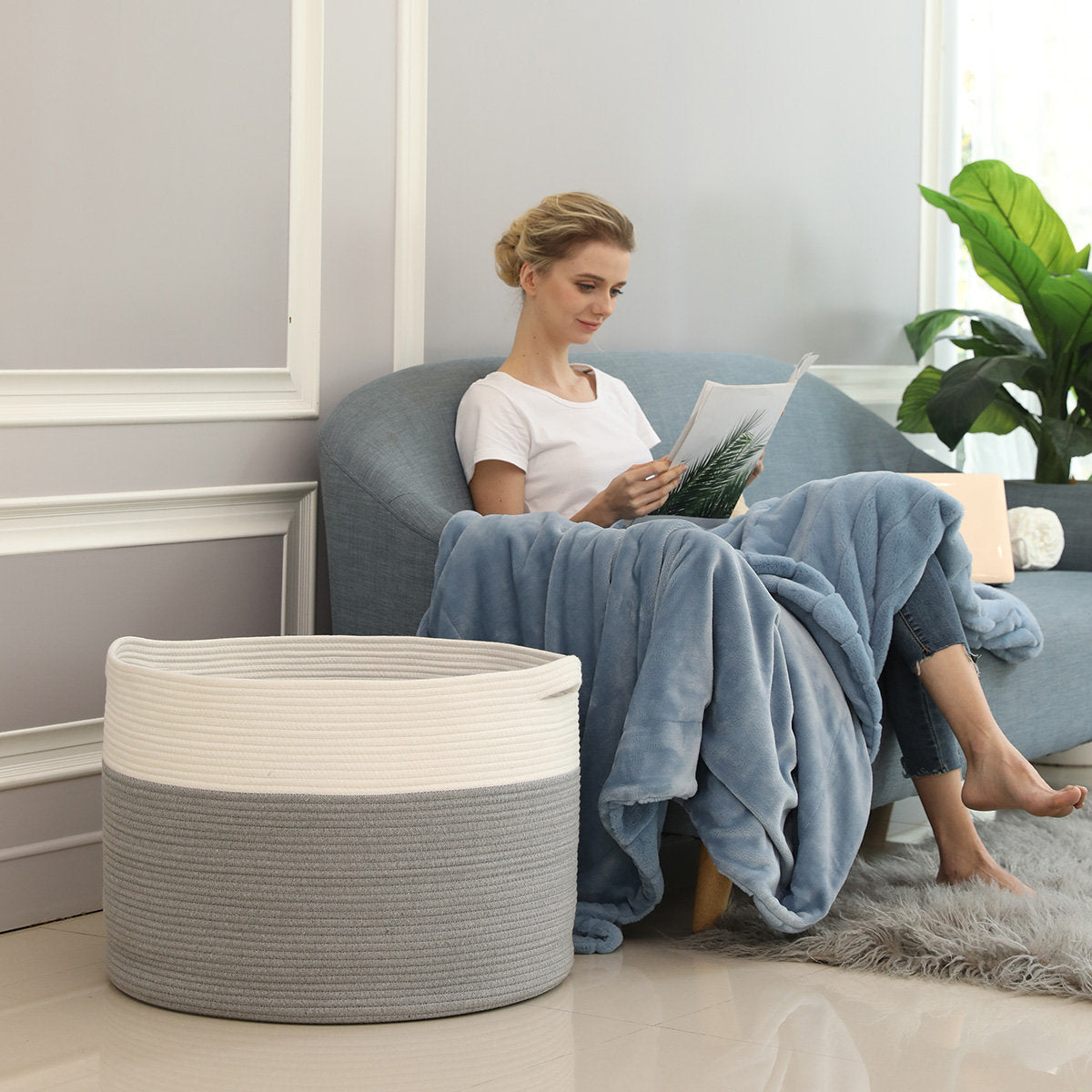 24" x 24" x 17" Mega Size Cotton Rope Storage Basket, Grey