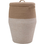26x20 tall woven laundry basket with lid, jute and white cotton rope, front view on white background