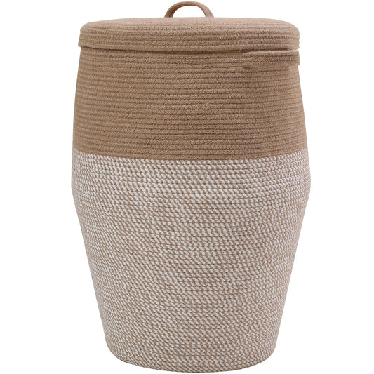 26x20 tall woven laundry basket with lid, jute and white cotton rope, front view on white background