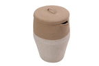 Jute and white tall laundry hamper with lid, angled view showing woven lid handle