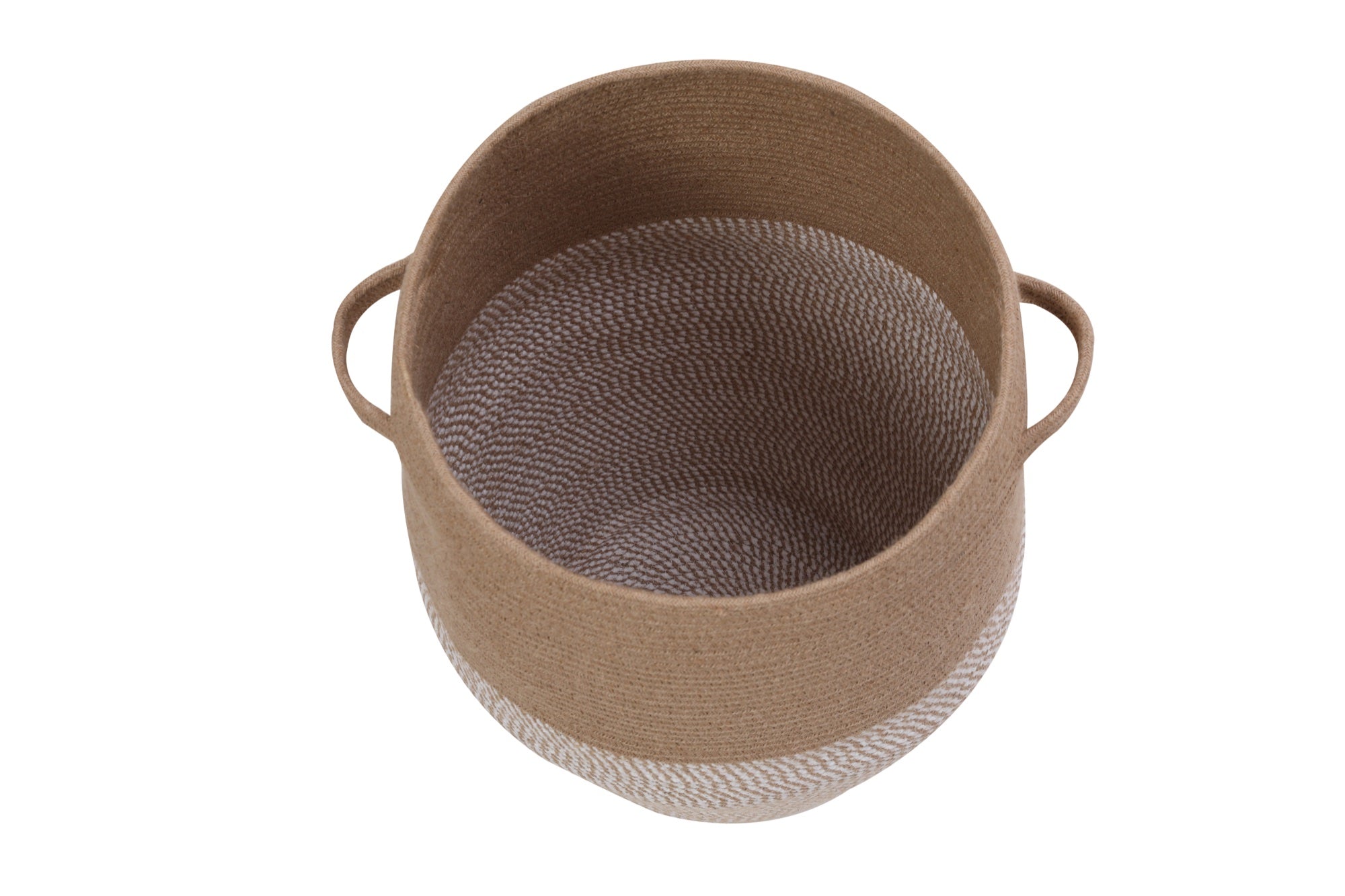 Top-down view inside the jute and white cotton rope laundry basket