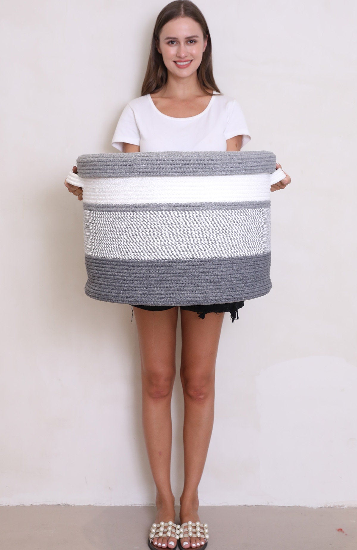 20" x 20" x 15" Extra Large Storage Basket with Lid, Cotton Rope Storage Baskets, Laundry Hamper, Toy Bin, Grey Mix/Dark Grey with Cover