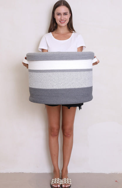 20" x 20" x 15" Large Cotton Rope Storage Basket with Lid, Grey Mix/Dark Grey