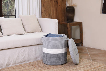 16" x 16" x 18" Large Cotton Rope Storage Basket with Lid, Dual Grey