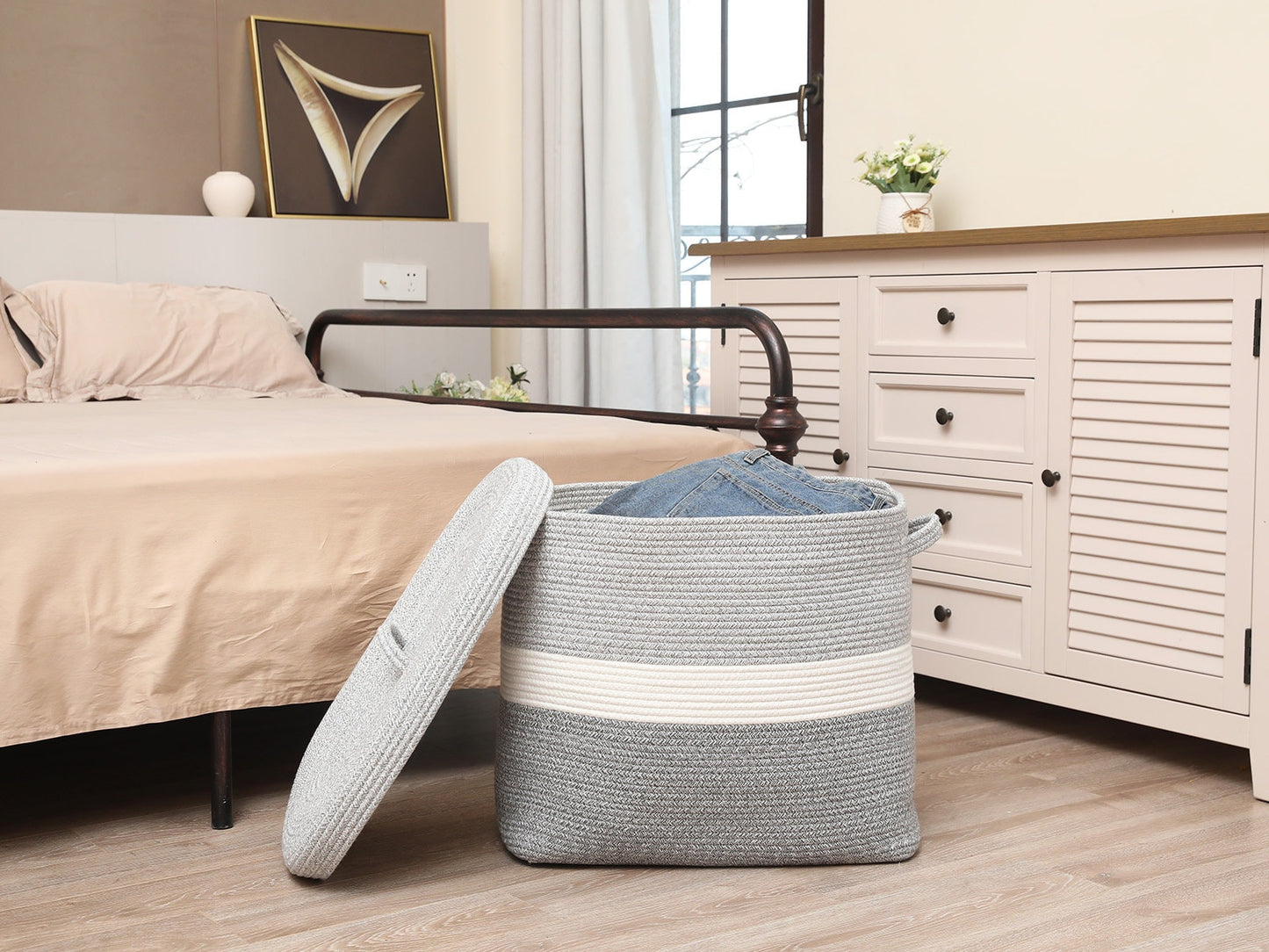 22”x14”x18” Rectangular Large Cotton Rope Storage Basket with Lid, Dual Grey