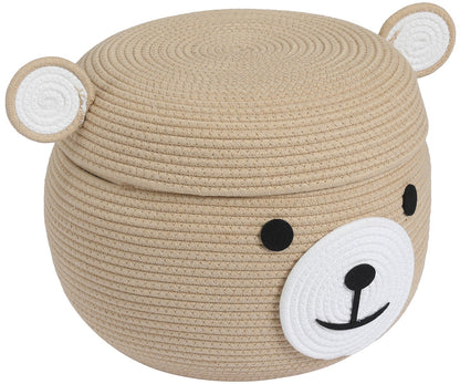 Handcrafted Animal Cotton Rope Basket with Lid | 15"x12", Beige Bear