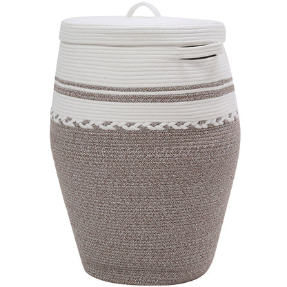 26" x 20" Large Tall Flagon Cotton Rope Storage Basket with Lid, Deep Camel White Mix