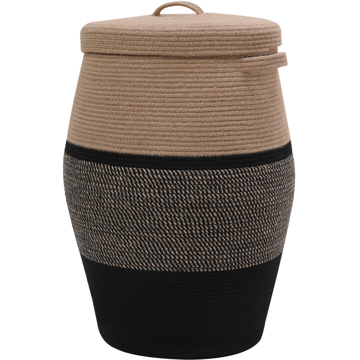 26" x 20" Large Tall Flagon Cotton Rope Storage Basket with Lid, Jute/Black Mix/Black