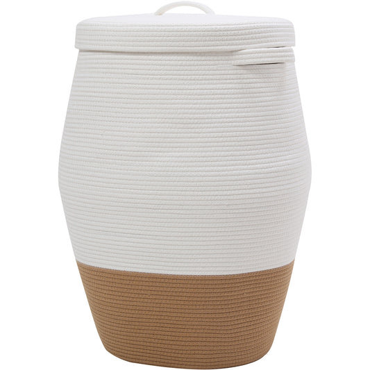 26" x 20" Large Tall Flagon Cotton Rope Storage Basket with Lid, White/Camel Bottom